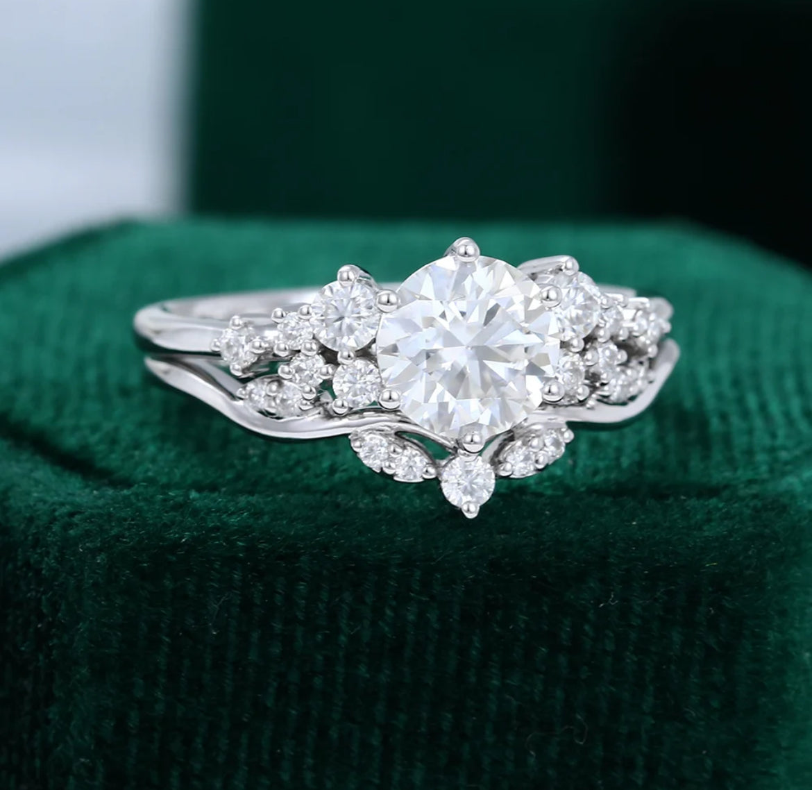 1.5 ct Snowdrift Round Diamond Engagement Ring Set 18K Gold Cluster Bridal Ring Set
