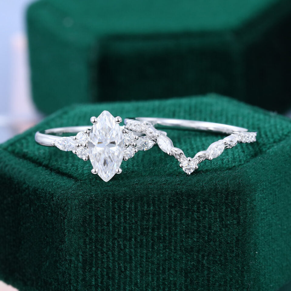 1.5 ct Marquise Cut Diamond Bridal Ring Set With Leaf Engagement Ring Set 18k Gold