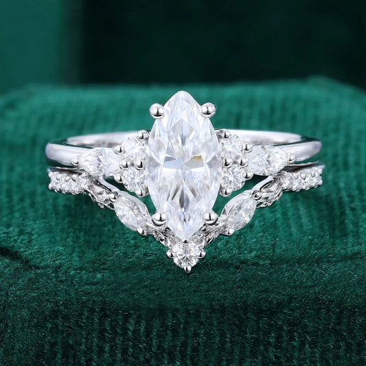 1.5 ct Marquise Cut Diamond Bridal Ring Set With Leaf Engagement Ring Set 18k Gold