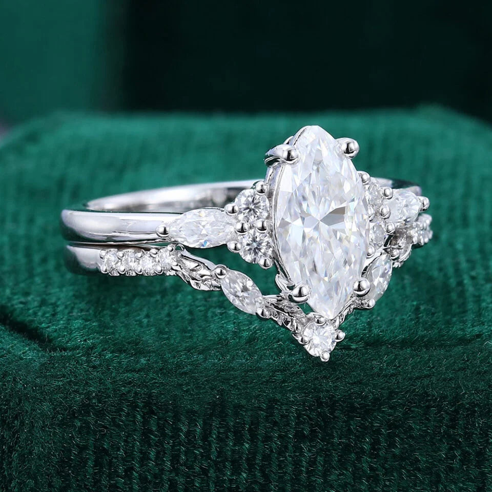 1.5 ct Marquise Cut Diamond Bridal Ring Set With Leaf Engagement Ring Set 18k Gold