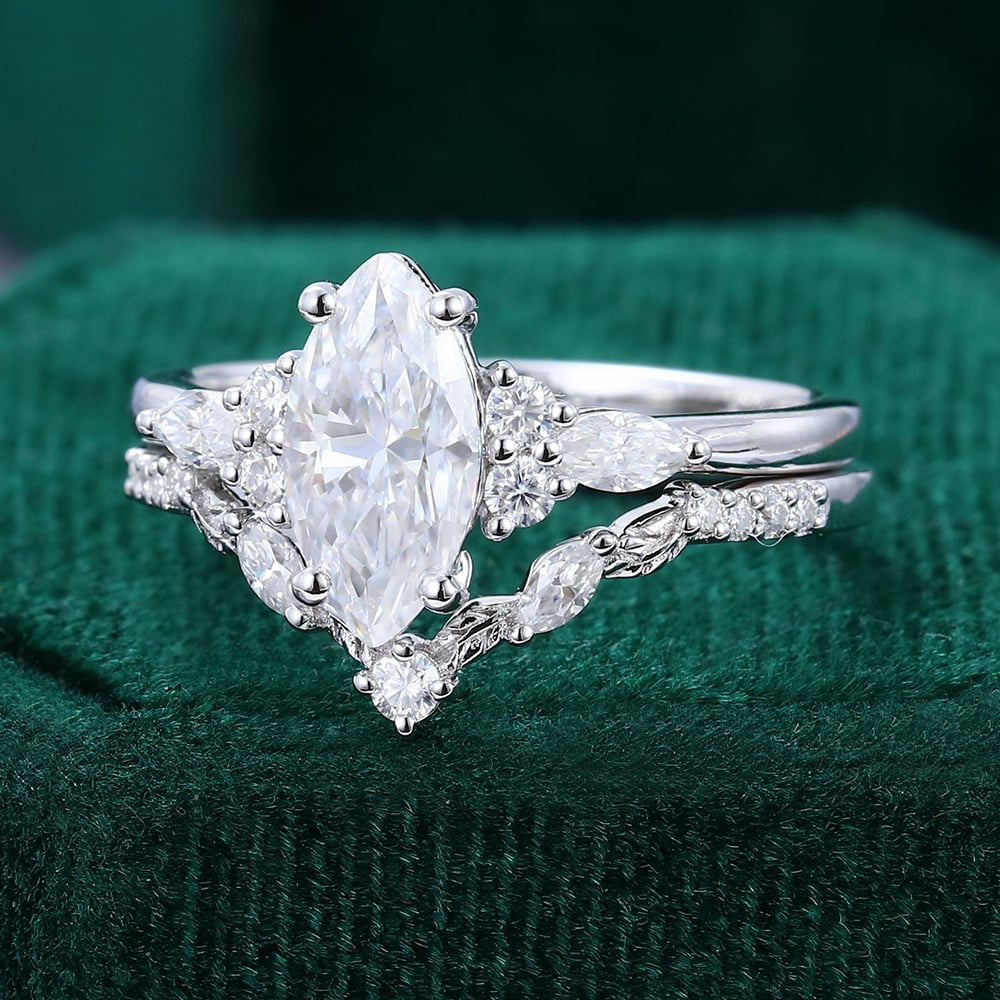 1.5 ct Marquise Cut Diamond Bridal Ring Set With Leaf Engagement Ring Set 18k Gold