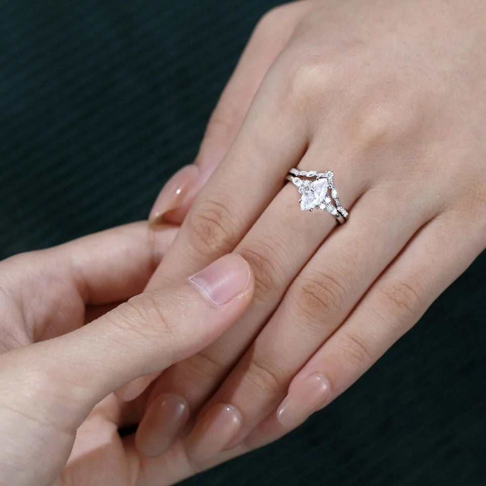 1.5 ct Marquise Cut Diamond Bridal Ring Set With Leaf Engagement Ring Set 18k Gold