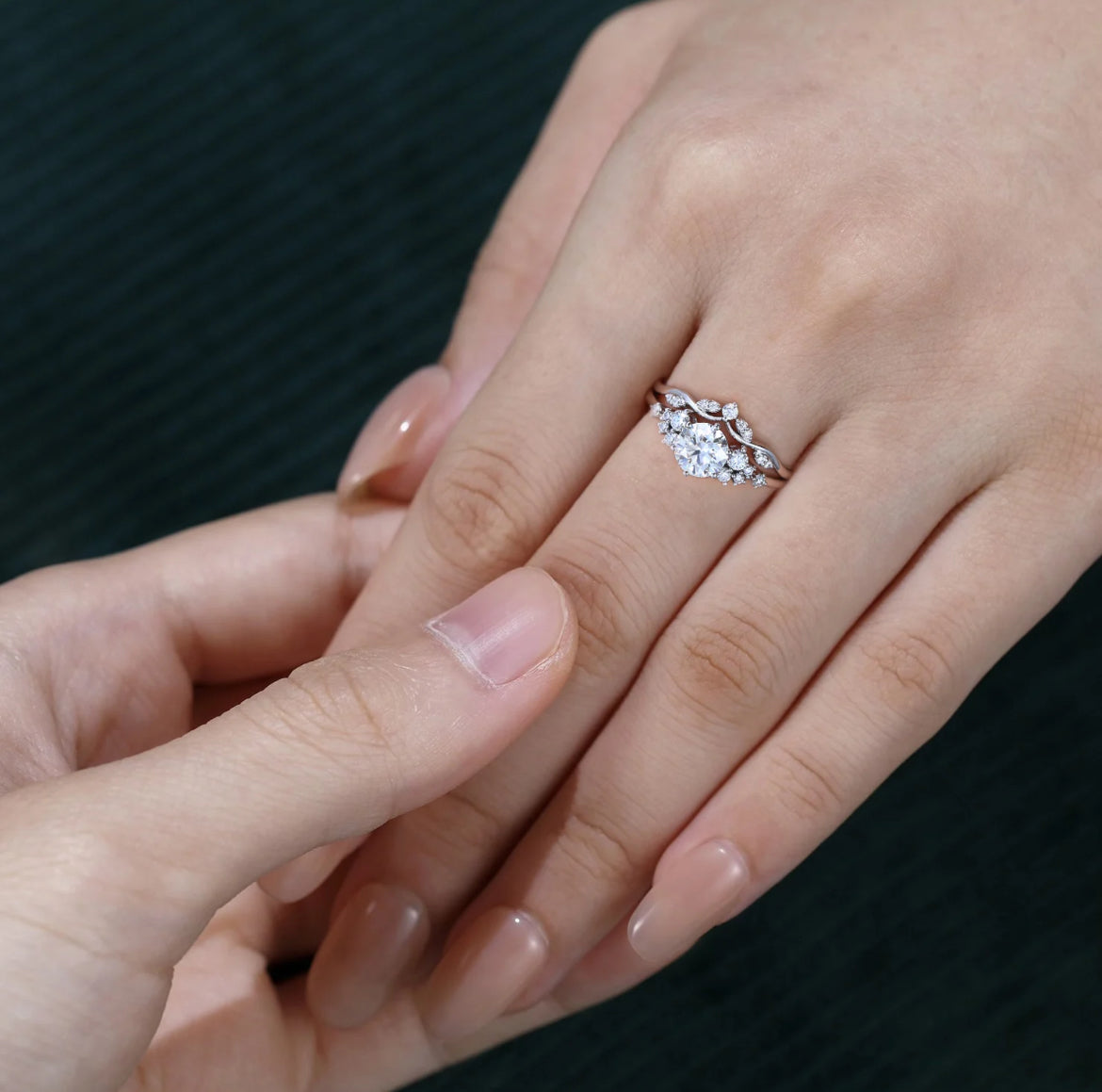1.5 ct Snowdrift Round Diamond Engagement Ring Set 18K Gold Cluster Bridal Ring Set