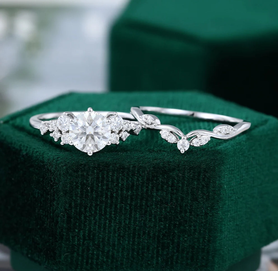 1.5 ct Snowdrift Round Diamond Engagement Ring Set 18K Gold Cluster Bridal Ring Set