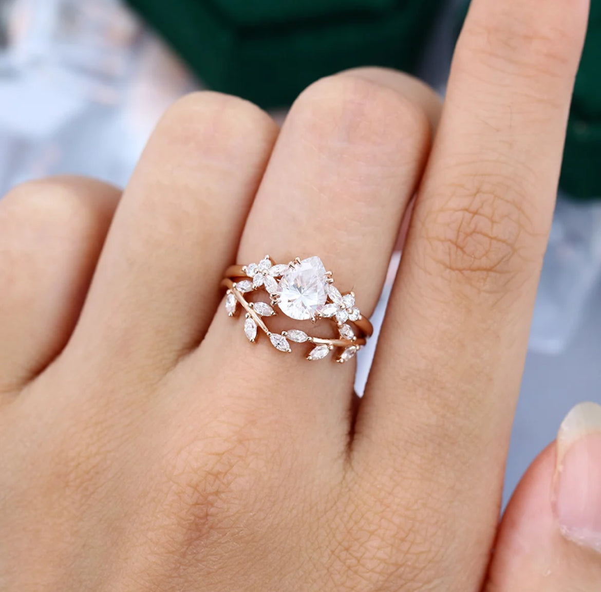1.5ct Pear Cut Diamond Engagement Ring Set 18K Gold Nature Inspired Bridal Set