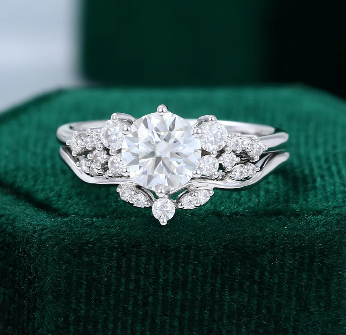 1.5 ct Snowdrift Round Diamond Engagement Ring Set 18K Gold Cluster Bridal Ring Set