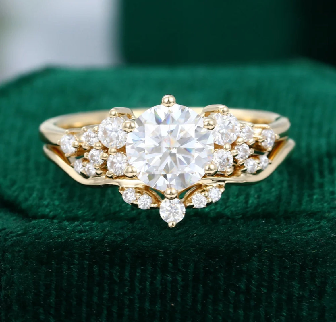 1.5 ct Snowdrift Round Diamond Engagement Ring Set 18K Gold Cluster Bridal Ring Set