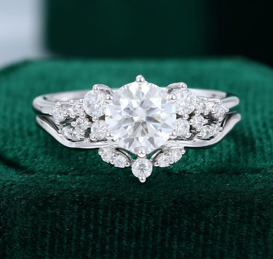 1.5 ct Snowdrift Round Diamond Engagement Ring Set 18K Gold Cluster Bridal Ring Set