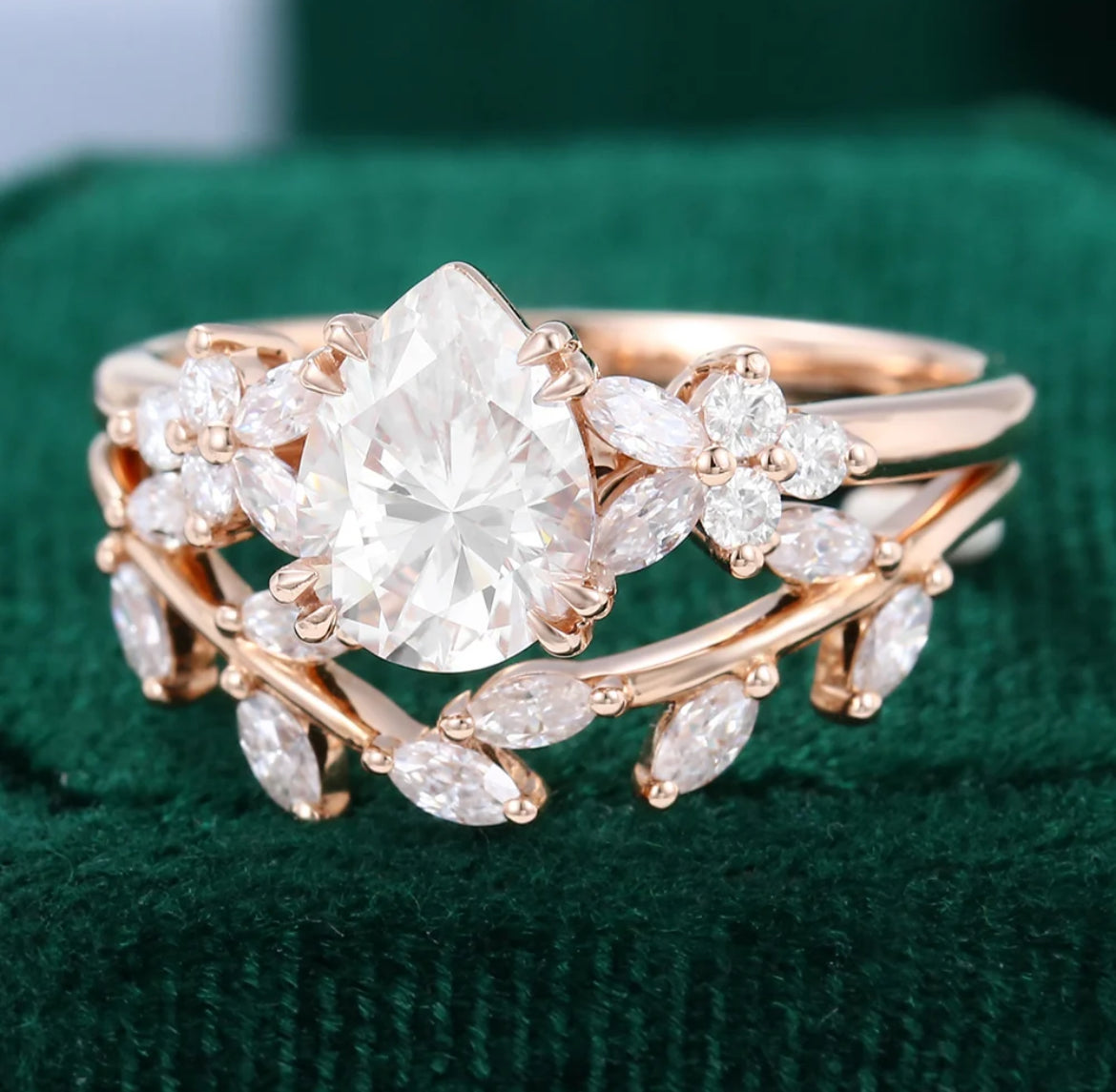 1.5ct Pear Cut Diamond Engagement Ring Set 18K Gold Nature Inspired Bridal Set