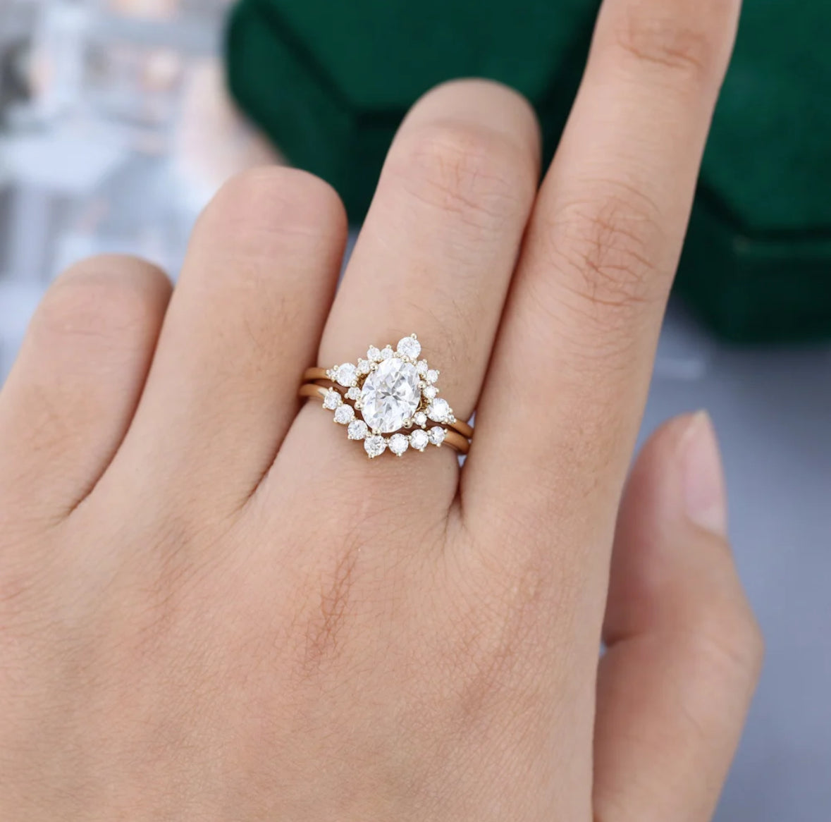 1.5 ct Yellow Gold Oval Diamond Cluster Engagement Ring Set 18k Gold