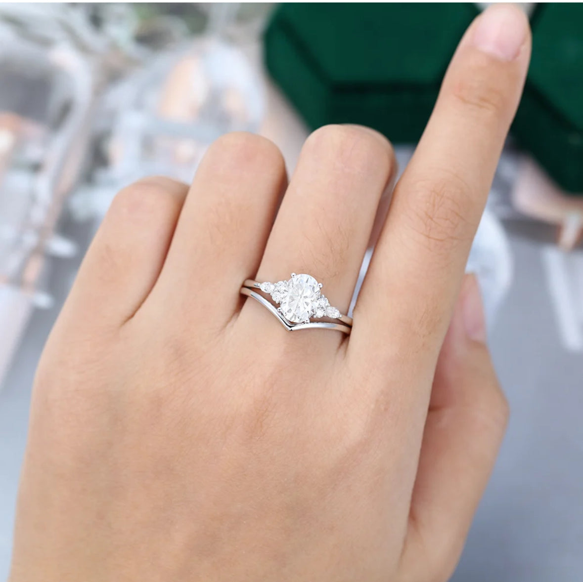 2 ct White Gold Oval Cut Diamond Engagement Ring Set 18k Gold