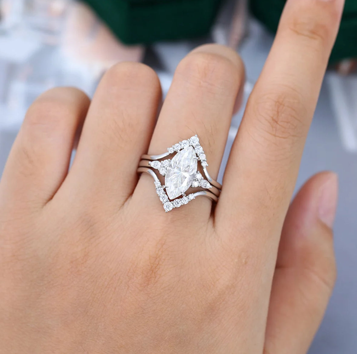 1.5 ct Vintage Marquise Cut Diamond Engagement Ring Set 18k Gold