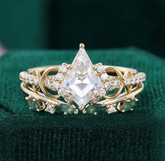 1.5 ct Unique Kite Cut Diamond Engagement Ring Set 18K Gold Infinity Moss Agate Accented Bridal Set 18k Gold
