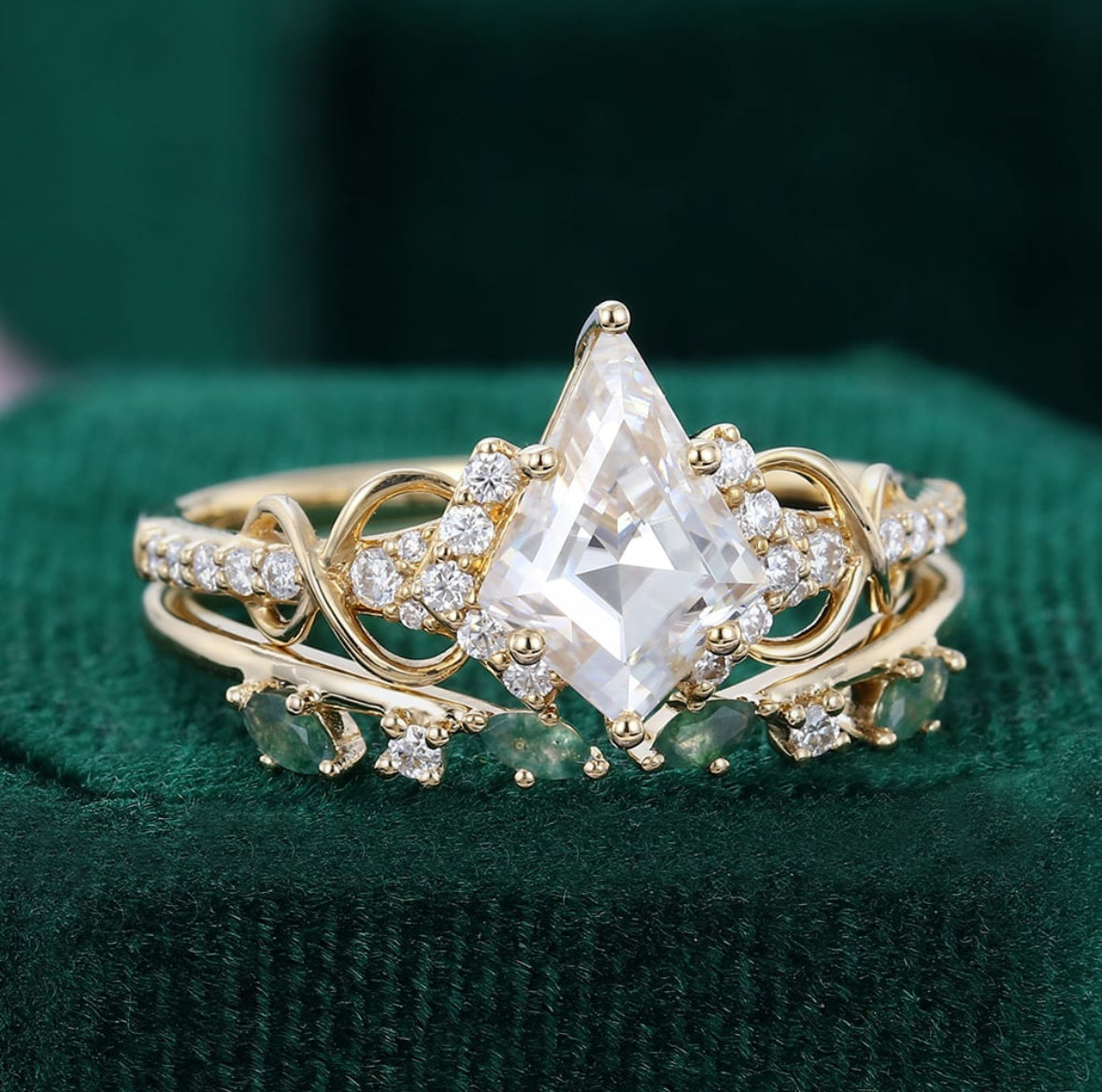 1.5 ct Unique Kite Cut Diamond Engagement Ring Set 18K Gold Infinity Moss Agate Accented Bridal Set 18k Gold