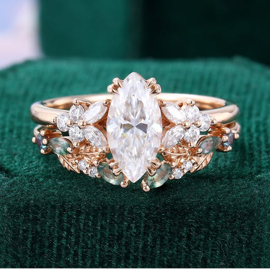1.5 ct Nature Inspired Marquise Diamond Blossom Bridal Ring Set 18k Gold