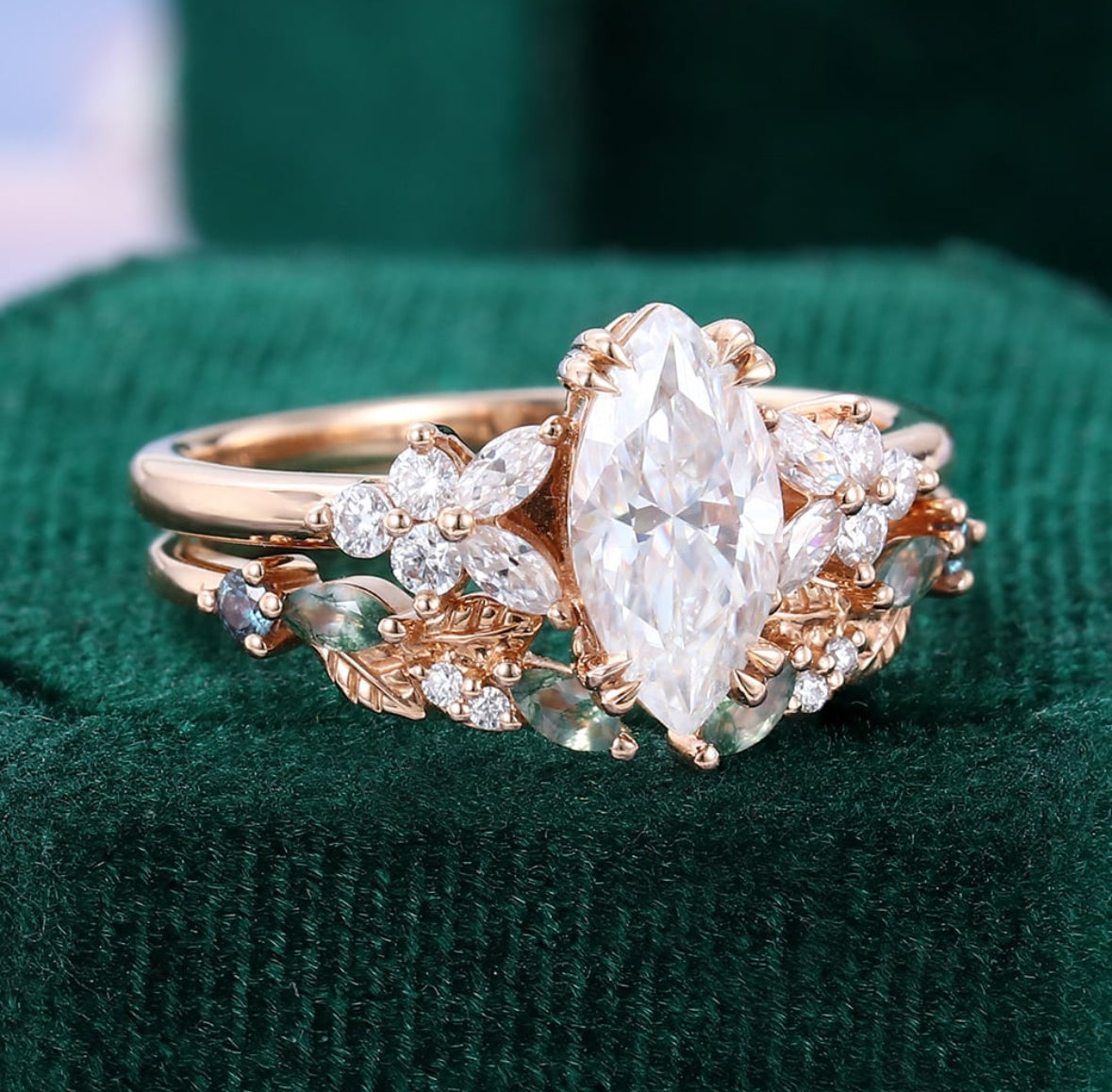 1.5 ct Nature Inspired Marquise Diamond Blossom Bridal Ring Set 18k Gold