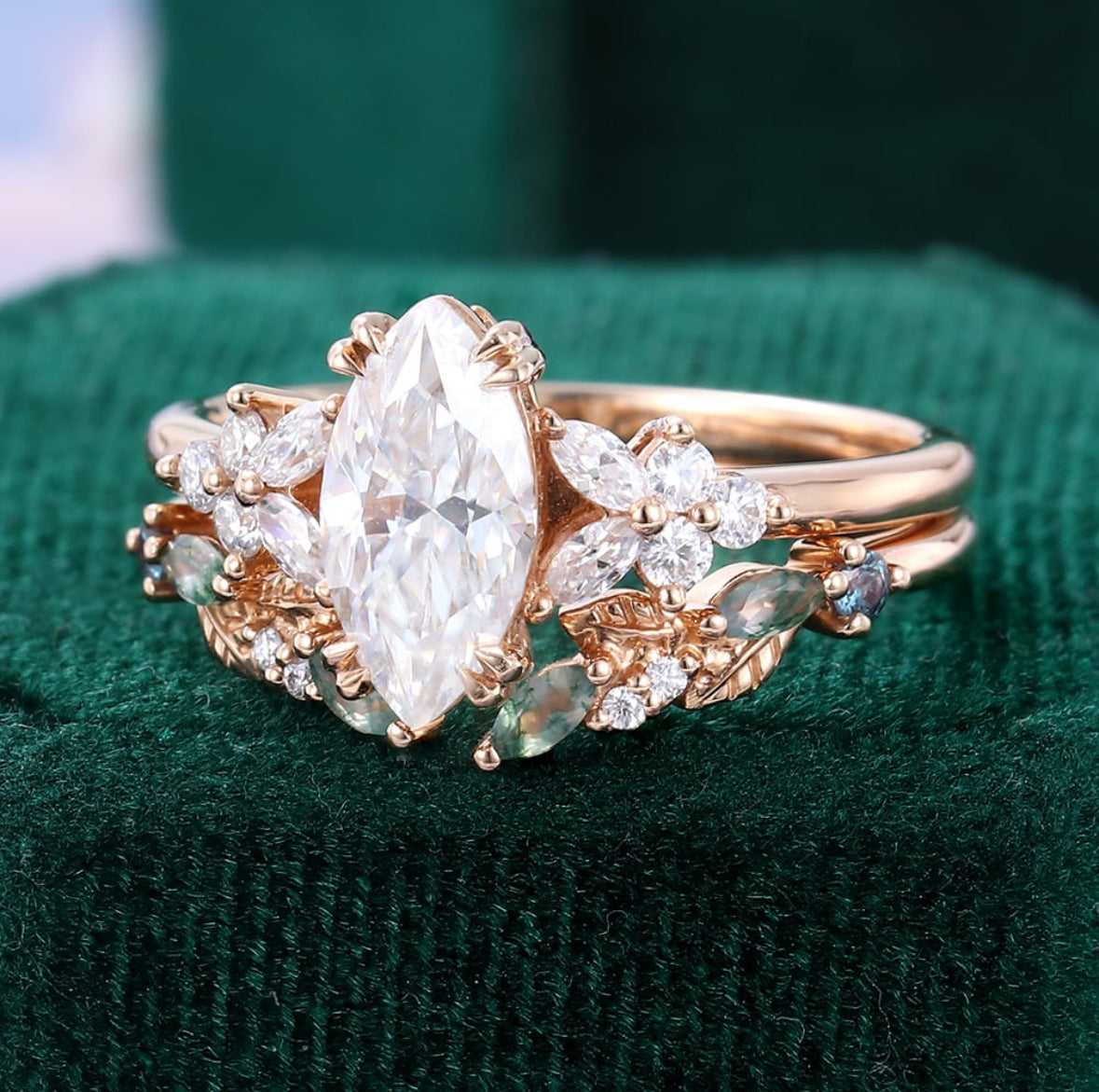 1.5 ct Nature Inspired Marquise Diamond Blossom Bridal Ring Set 18k Gold