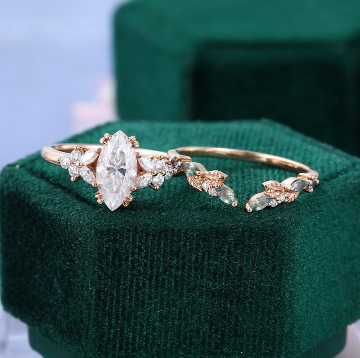 1.5 ct Nature Inspired Marquise Diamond Blossom Bridal Ring Set 18k Gold