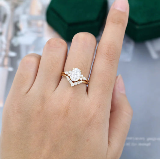 1.5 ct  Diamond Oval Engagement Rings Set 18k Yellow Gold