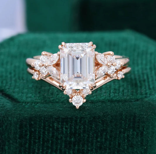1.5 ct Emerald Cut Diamond Wedding Ring Set Floral Vibe Ring Set 18k Gold