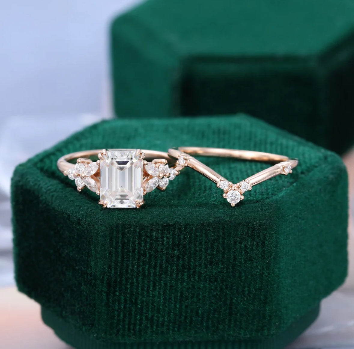 1.5 ct Emerald Cut Diamond Wedding Ring Set Floral Vibe Ring Set 18k Gold