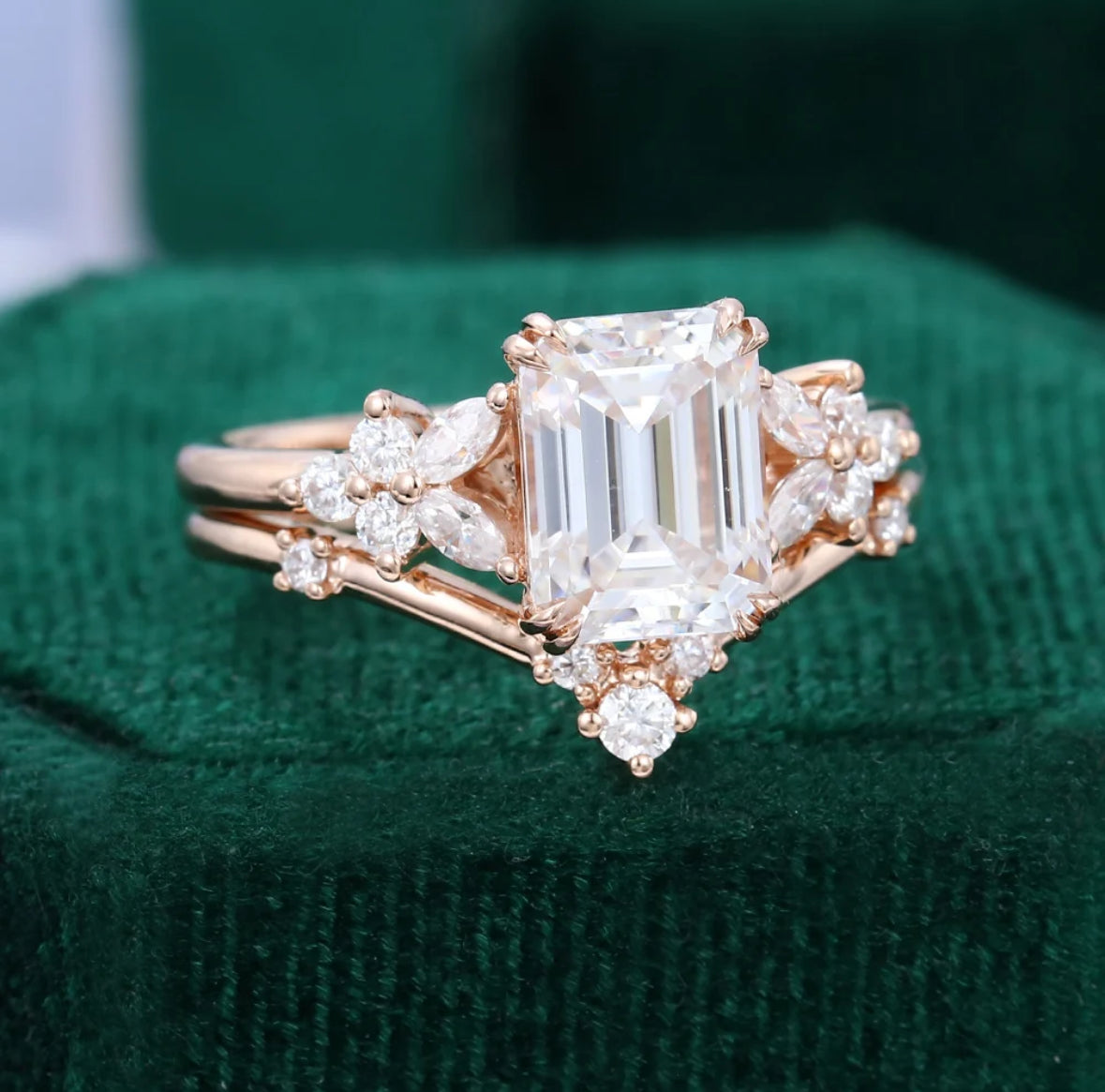 1.5 ct Emerald Cut Diamond Wedding Ring Set Floral Vibe Ring Set 18k Gold