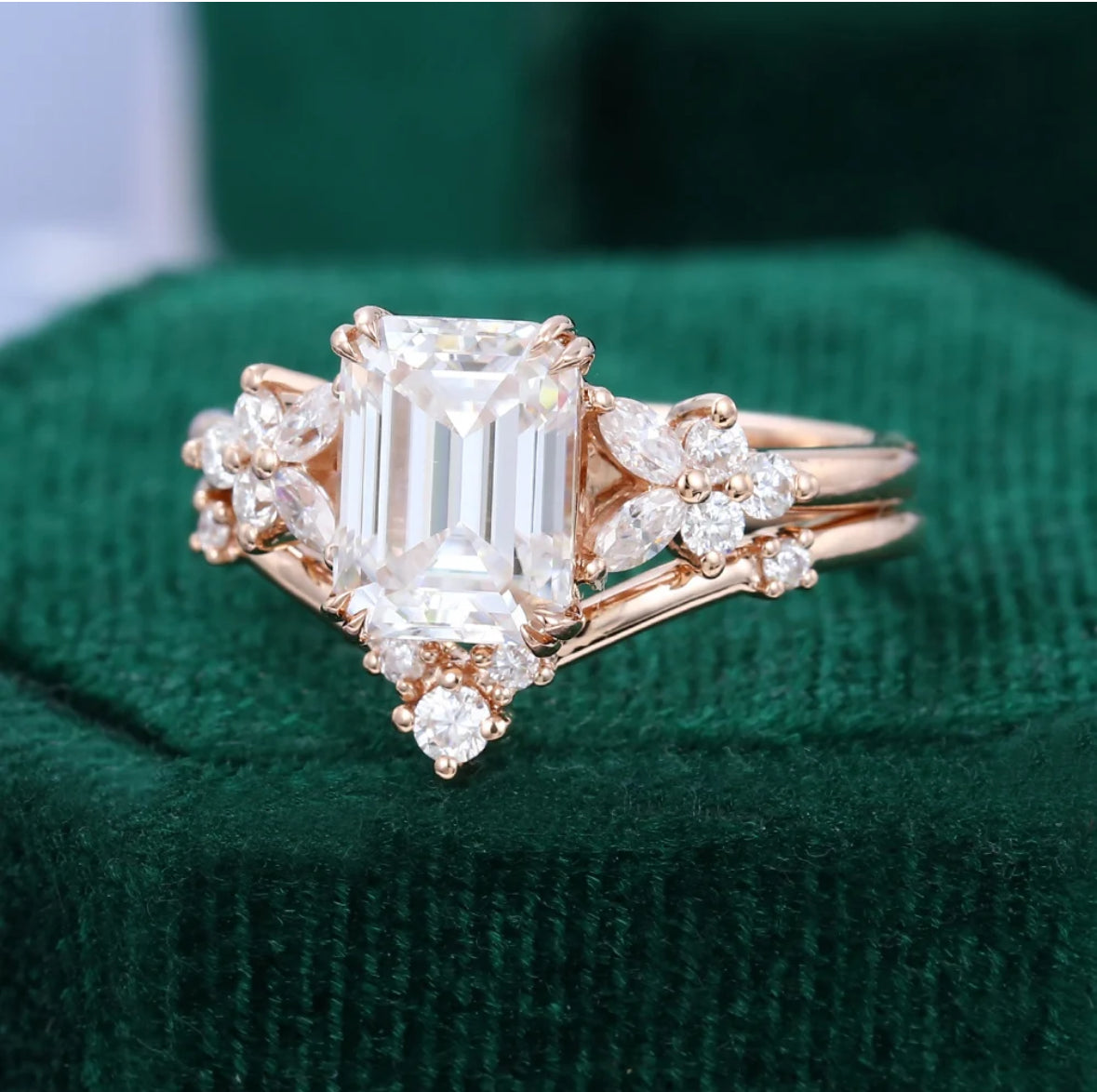 1.5 ct Emerald Cut Diamond Wedding Ring Set Floral Vibe Ring Set 18k Gold