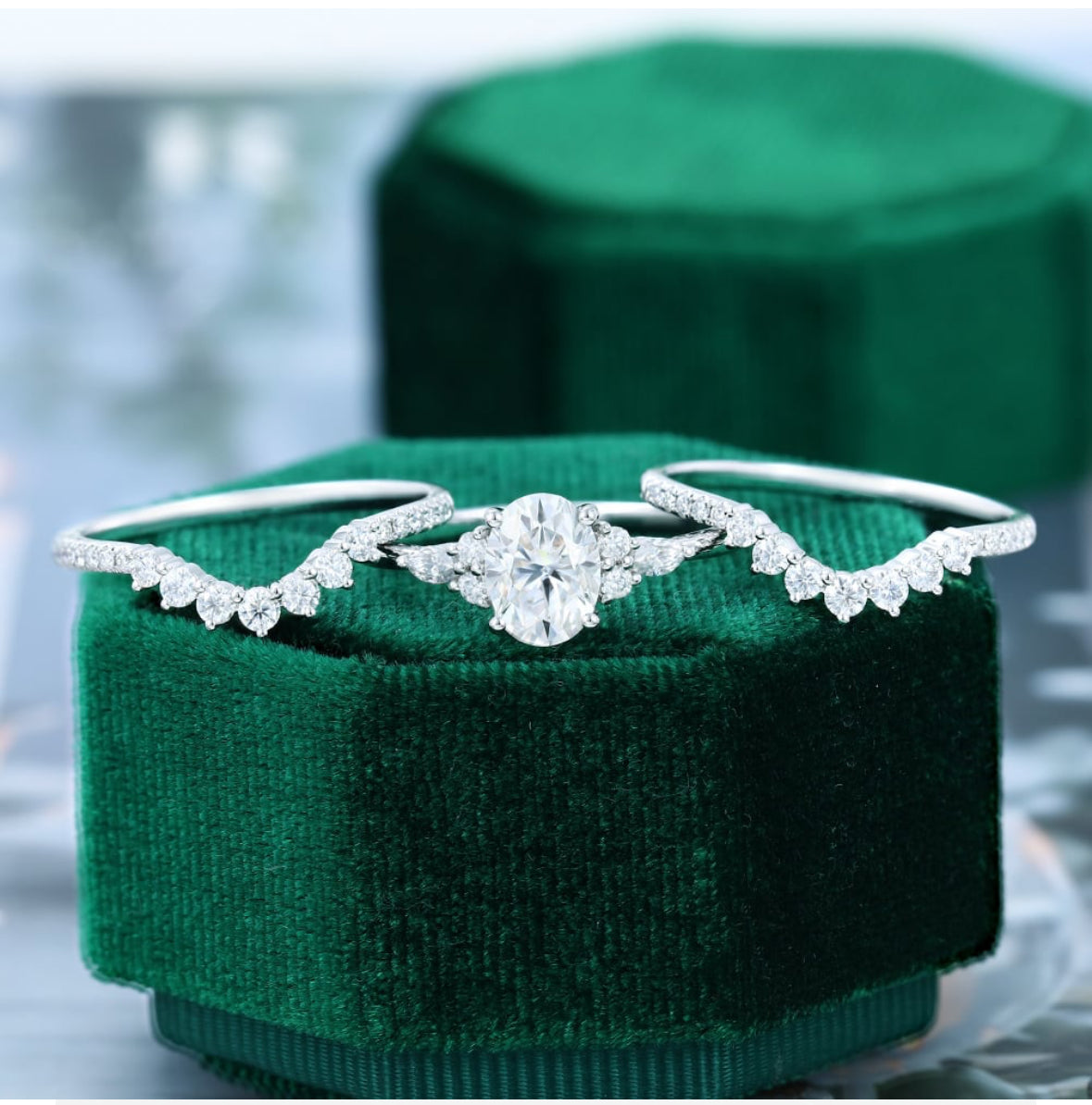 1.5 ct 3PCS Oval Cut Diamond Cluster Bridal Ring Set In 18k White Gold
