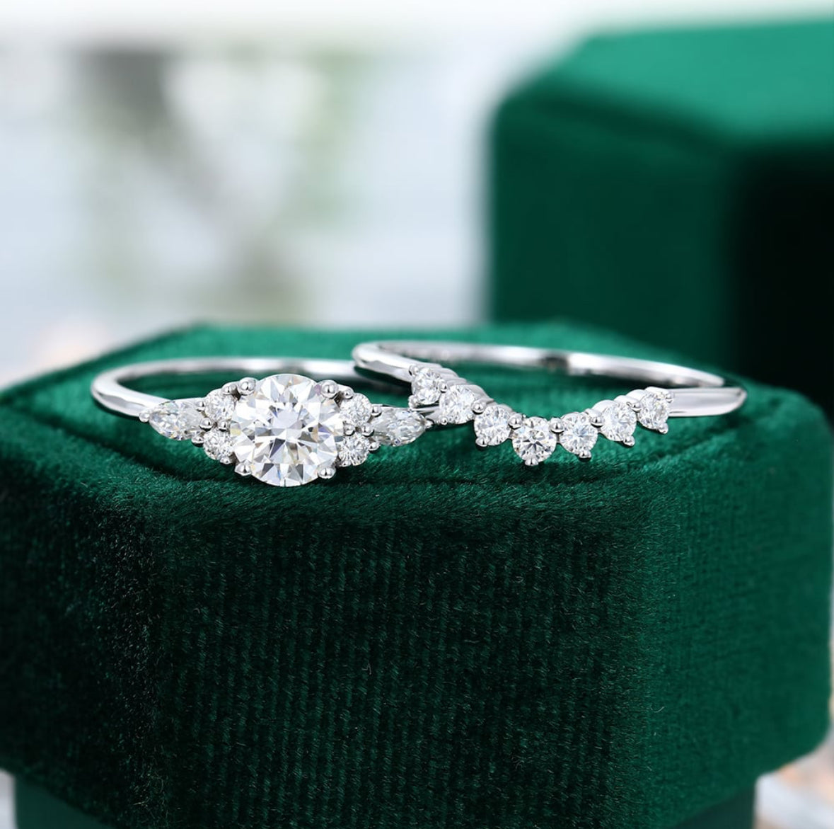 1.5 ct White Gold Round Cut Diamond Engagement Ring Set 18k Gold