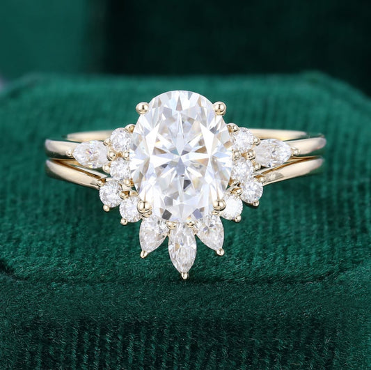 1.5ct Oval Cut Diamond Engagement Ring Set Art Deco Bridal Ring Set 18k Gold