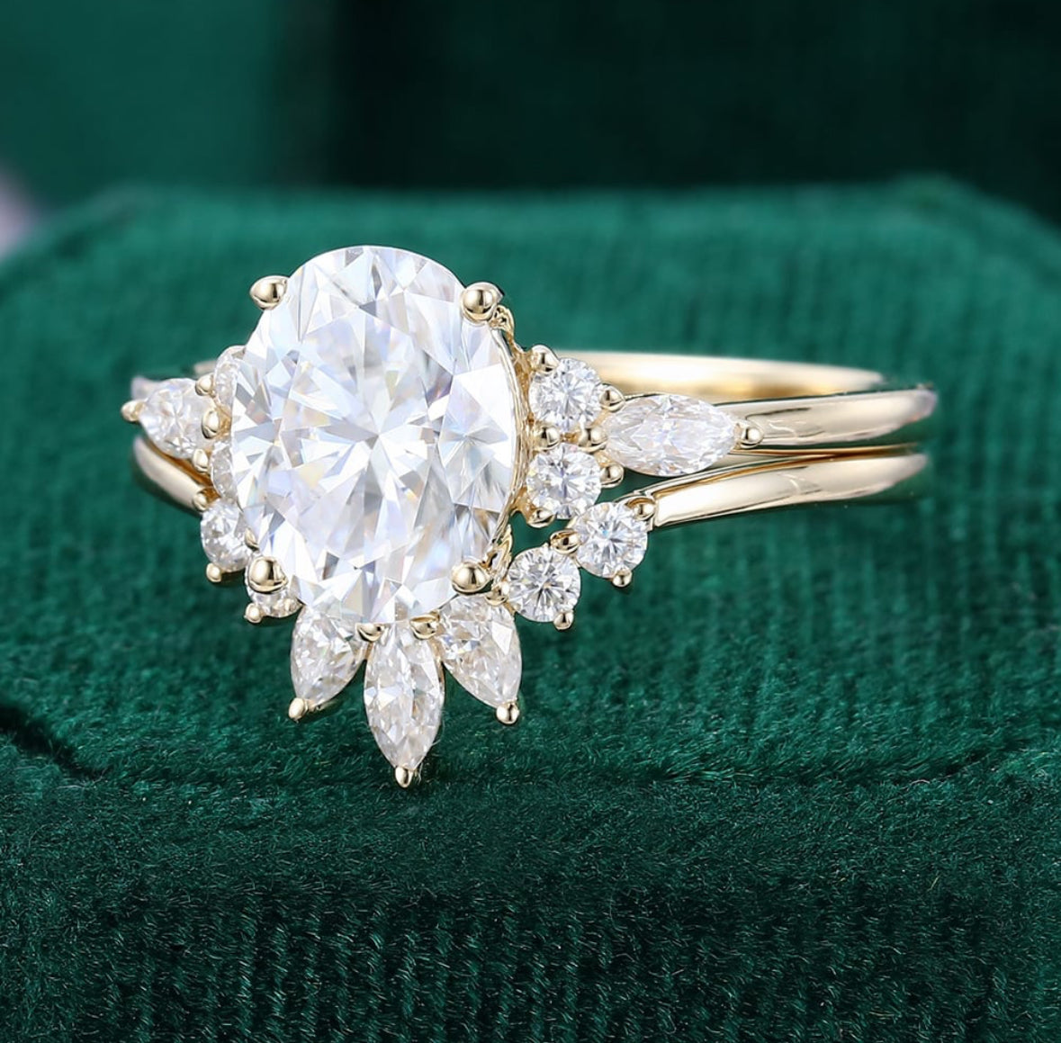 1.5ct Oval Cut Diamond Engagement Ring Set Art Deco Bridal Ring Set 18k Gold