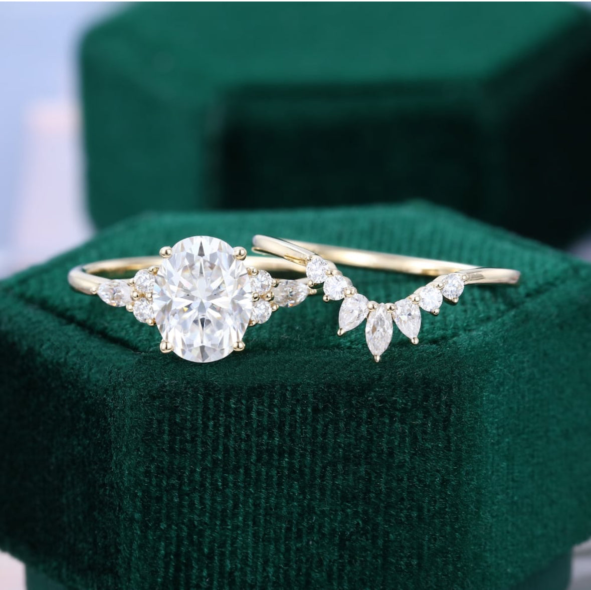 1.5ct Oval Cut Diamond Engagement Ring Set Art Deco Bridal Ring Set 18k Gold