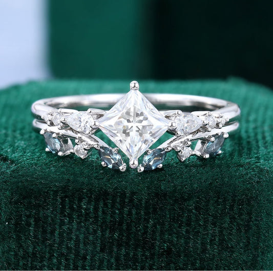 1.5 ct Princess Cut Diamond Engagement Ring Lab Alexandrite Accented Bridal Set 18k Gold