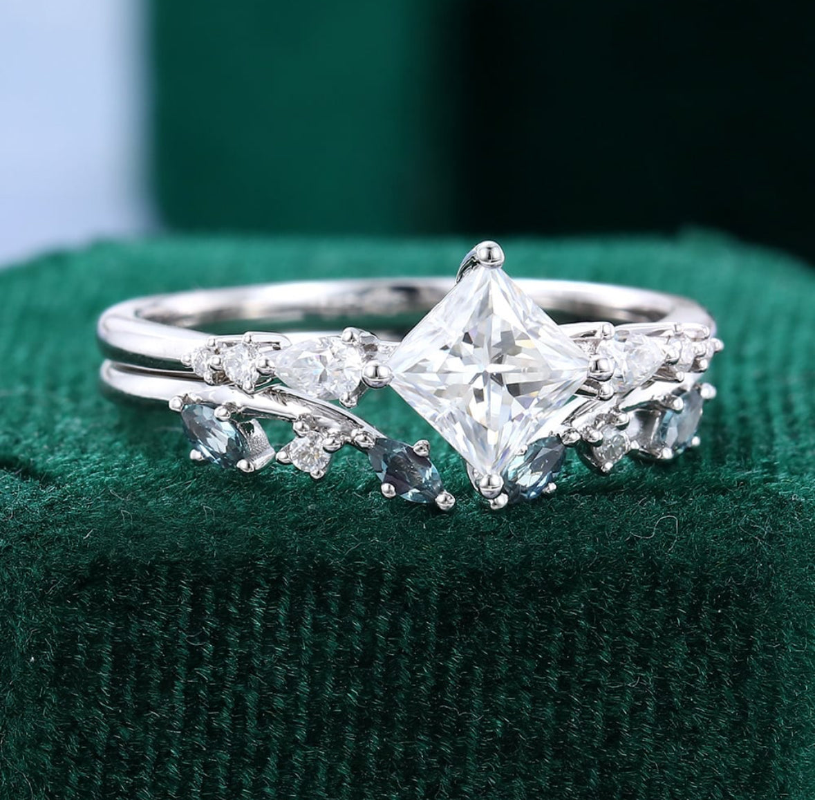 1.5 ct Princess Cut Diamond Engagement Ring Lab Alexandrite Accented Bridal Set 18k Gold