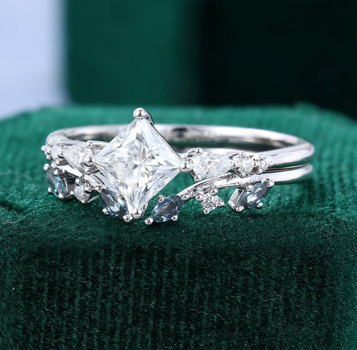 1.5 ct Princess Cut Diamond Engagement Ring Lab Alexandrite Accented Bridal Set 18k Gold