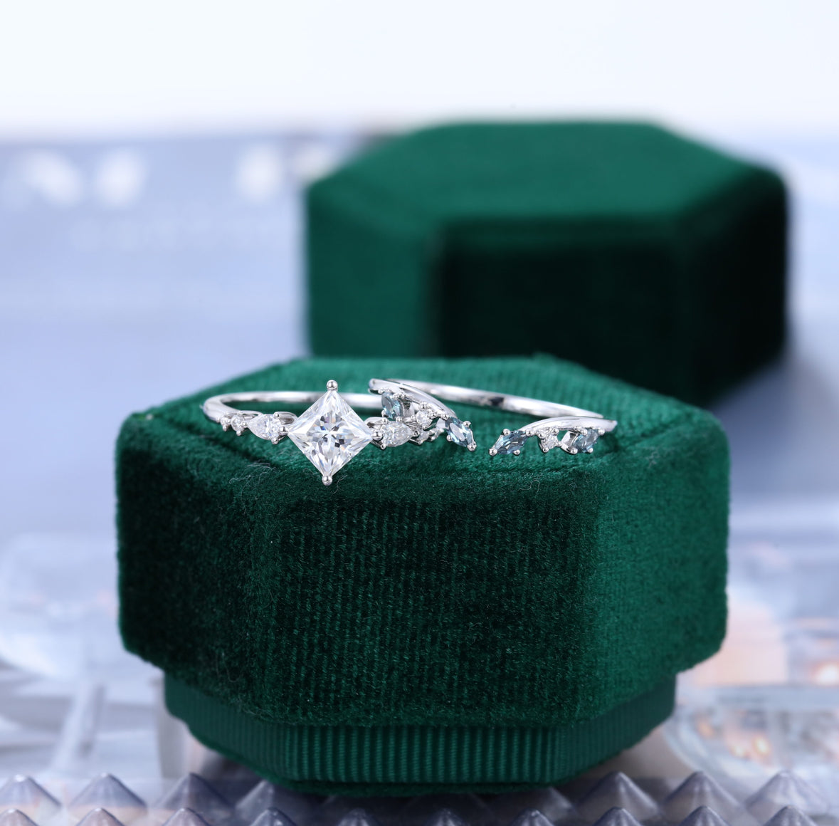 1.5 ct Princess Cut Diamond Engagement Ring Lab Alexandrite Accented Bridal Set 18k Gold