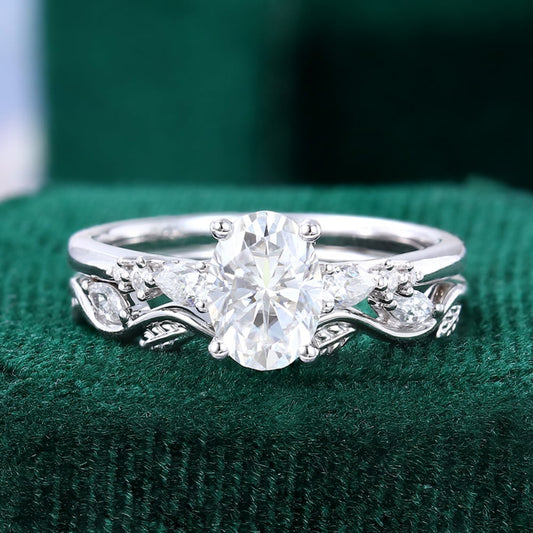 1.5 ct Oval Cut Diamond Bridal Ring Set 18k Gold With Nature Inspired Leaf Band