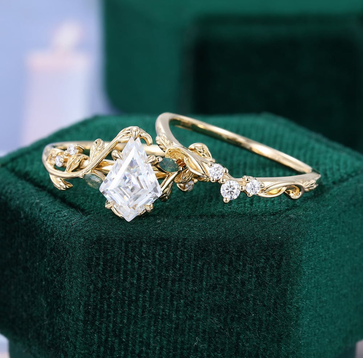 1.5 ct Kite Cut Diamond Nature Themed Wedding Ring Set With Leaf Accents 18k Gold