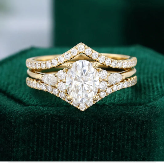 1.5 ct Vintage Double Bands Oval Cut Diamond Bridal Ring Set 18k Gold