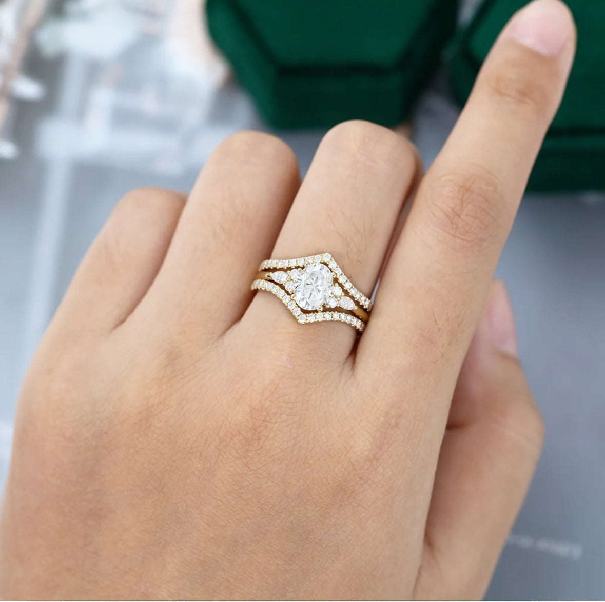 1.5 ct Vintage Double Bands Oval Cut Diamond Bridal Ring Set 18k Gold