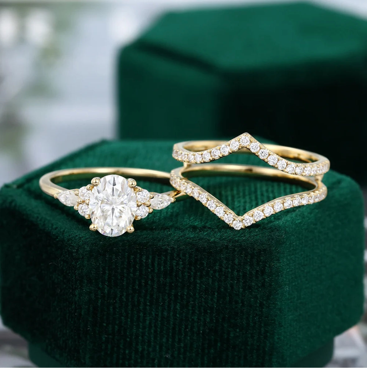 1.5 ct Vintage Double Bands Oval Cut Diamond Bridal Ring Set 18k Gold