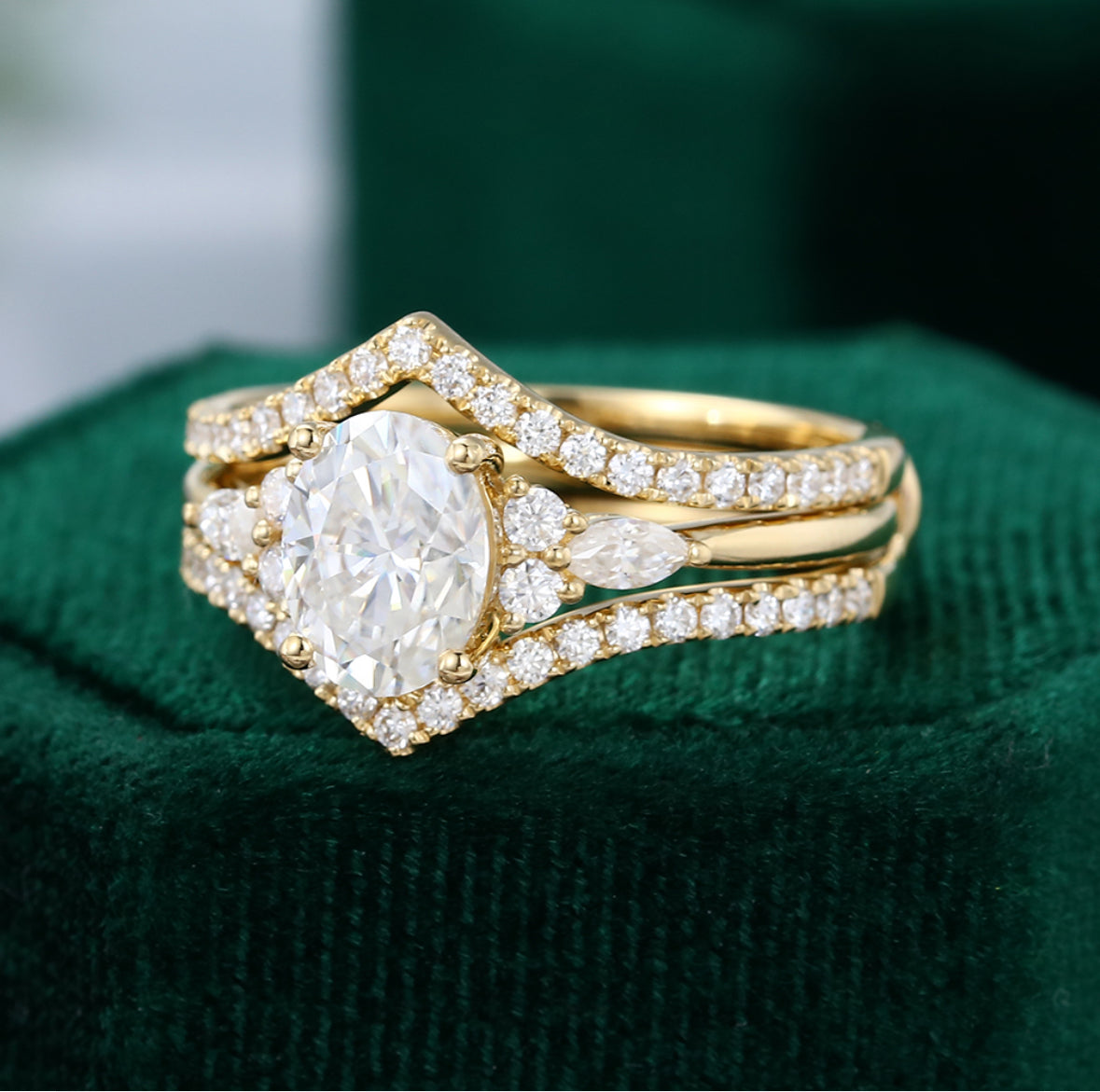 1.5 ct Vintage Double Bands Oval Cut Diamond Bridal Ring Set 18k Gold