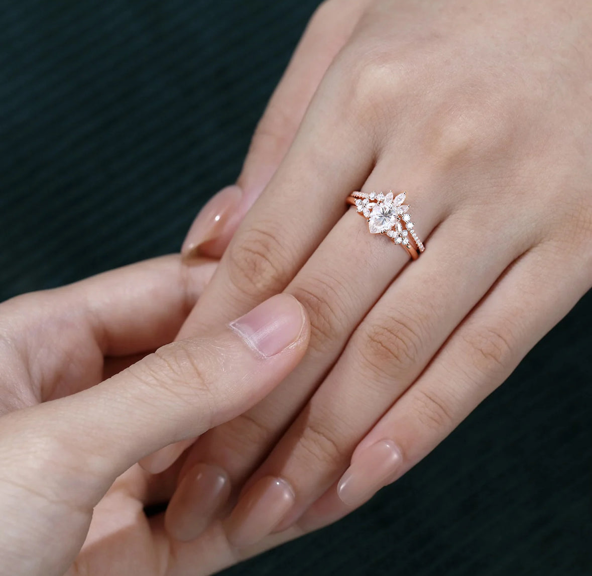 1.5 ct Pear Cut Diamond Bridal Ring Set 2PCS Cluster Engagement Ring Set 18k Gold