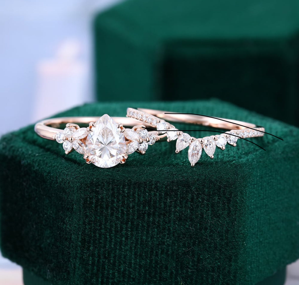1.5 ct Pear Cut Diamond Bridal Ring Set 2PCS Cluster Engagement Ring Set 18k Gold