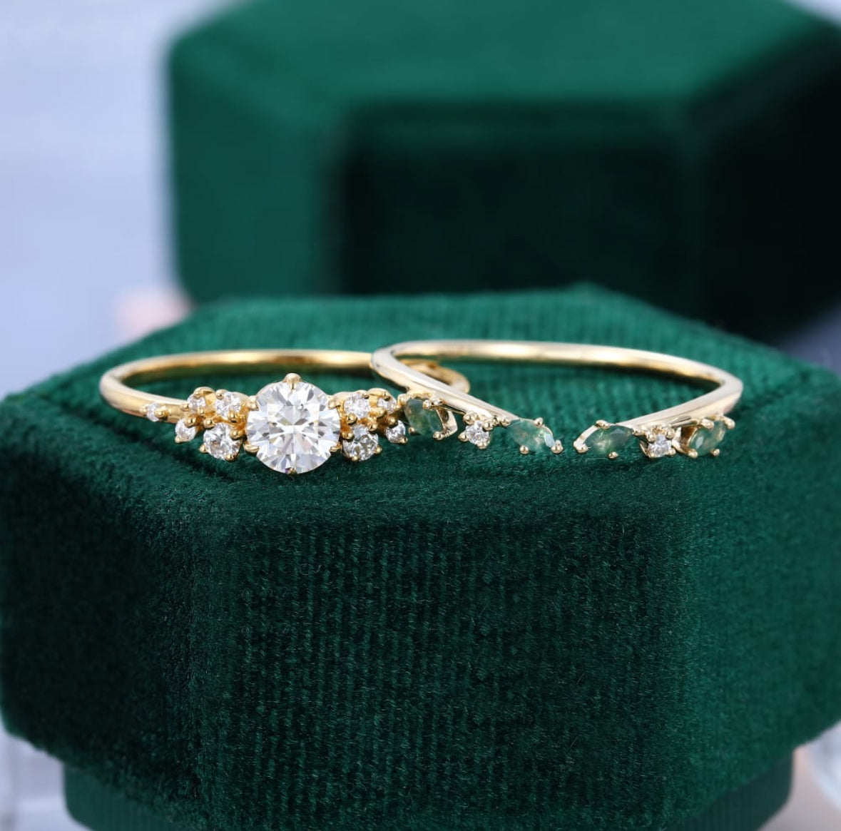 1.5 ct Round Shaped Diamond Cluster Engagement Ring Set Moss Agate Accented Bridal Set 18k Gold