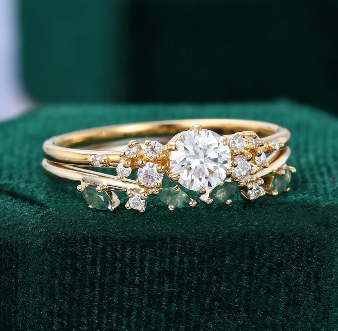 1.5 ct Round Shaped Diamond Cluster Engagement Ring Set Moss Agate Accented Bridal Set 18k Gold