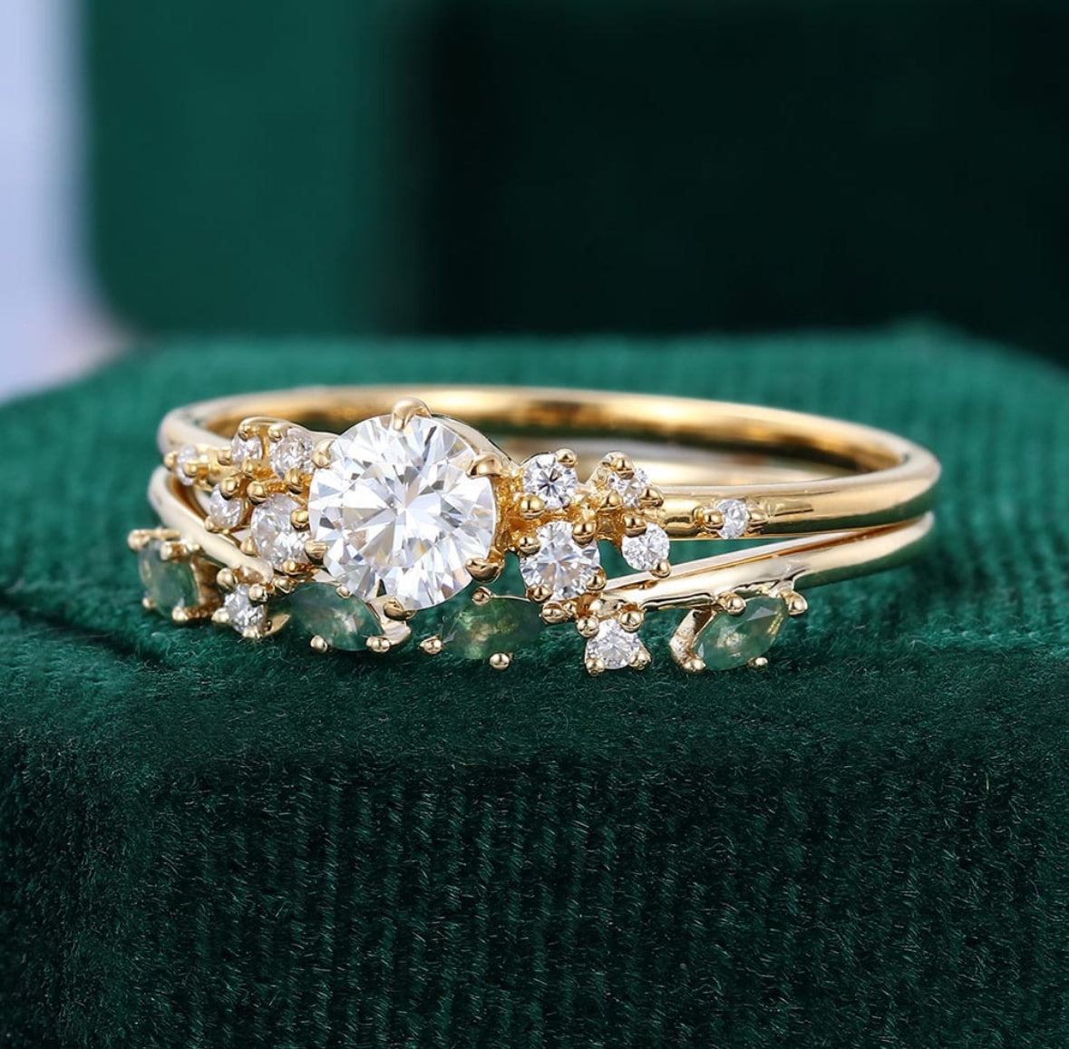 1.5 ct Round Shaped Diamond Cluster Engagement Ring Set Moss Agate Accented Bridal Set 18k Gold
