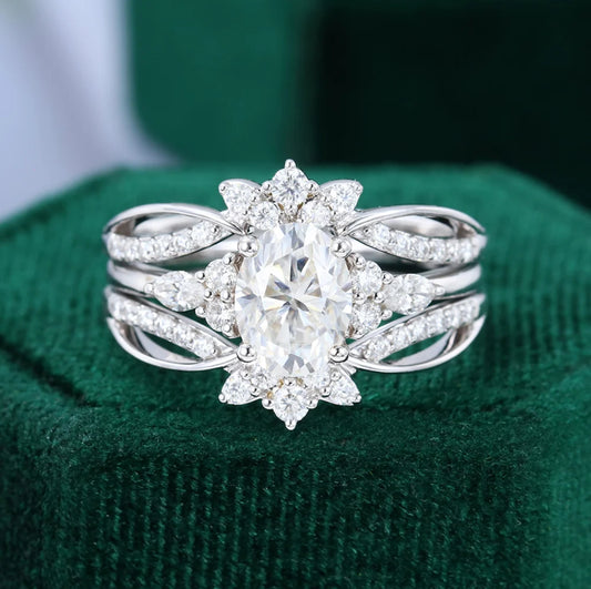 1.5 ct Oval Cut Diamond Engagement Ring Set Art Deco Crown Design Bridal Set 18k Gold