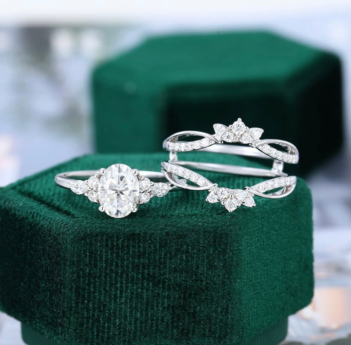 1.5 ct Oval Cut Diamond Engagement Ring Set Art Deco Crown Design Bridal Set 18k Gold