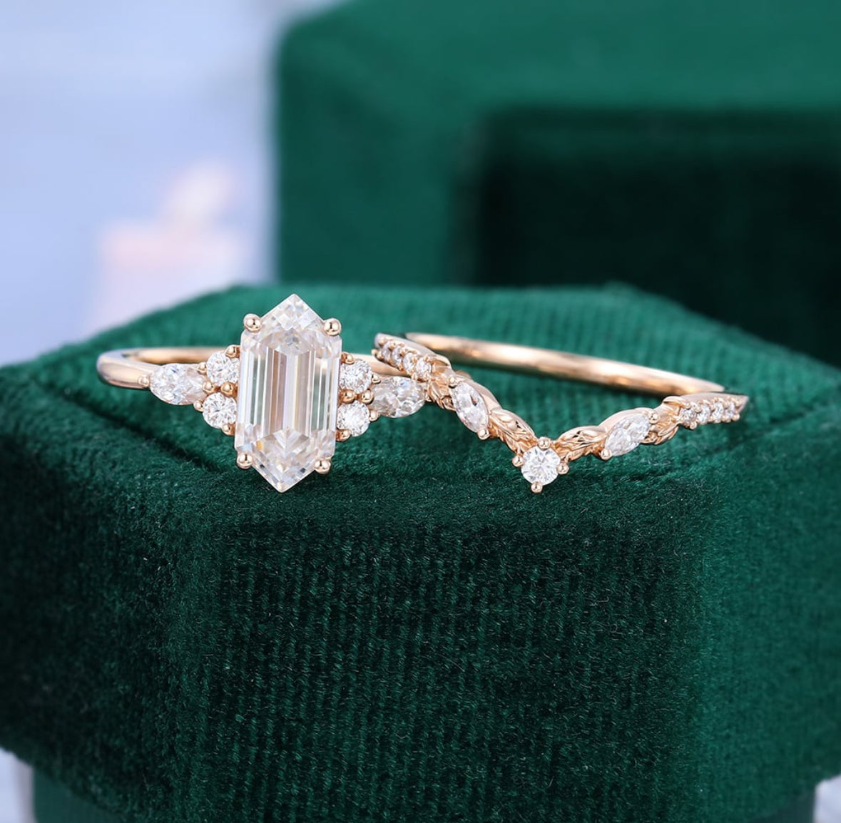 1.5 ct Long Hexagon Cut Diamond Nature Themed Wedding Ring Set 18k Gold